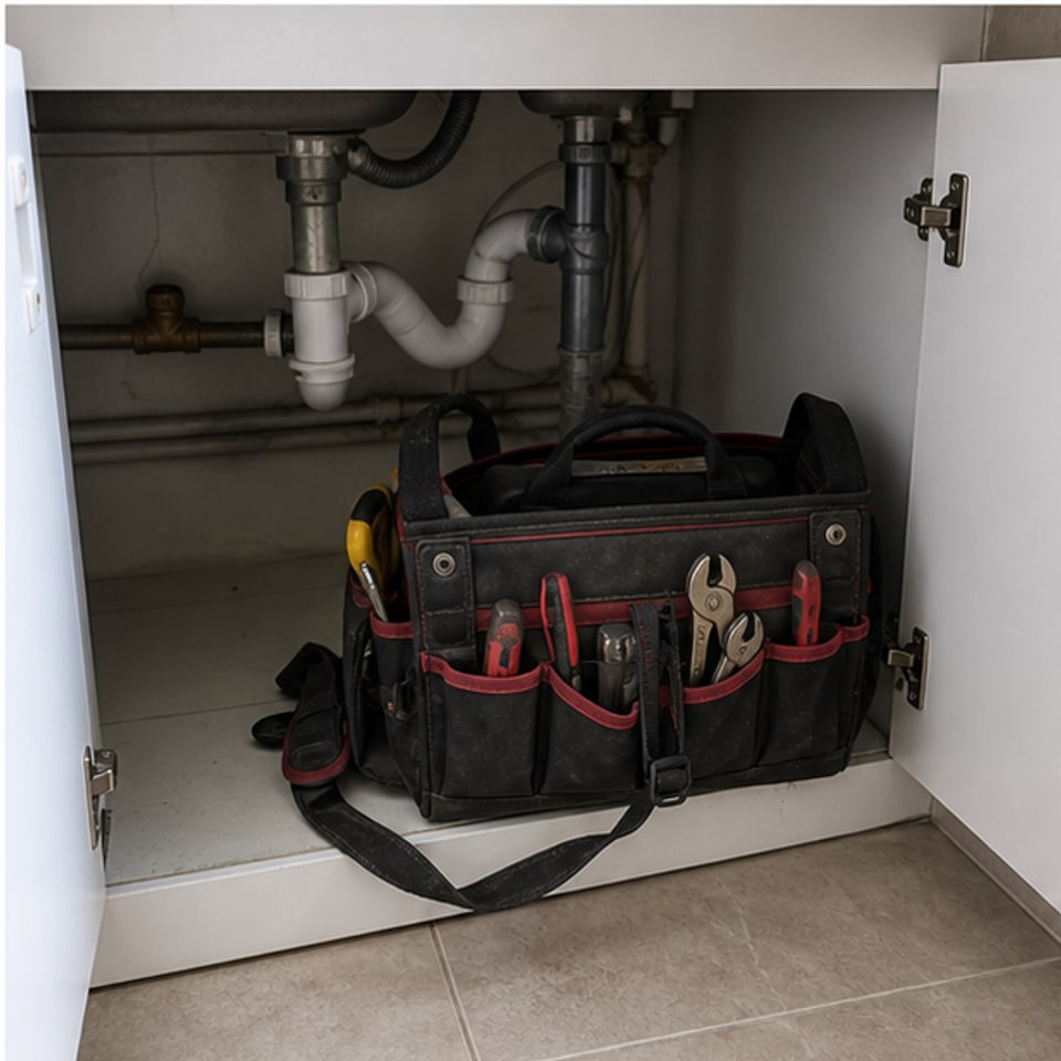 Leak checks and small plumbing repairs: tool bag under sink