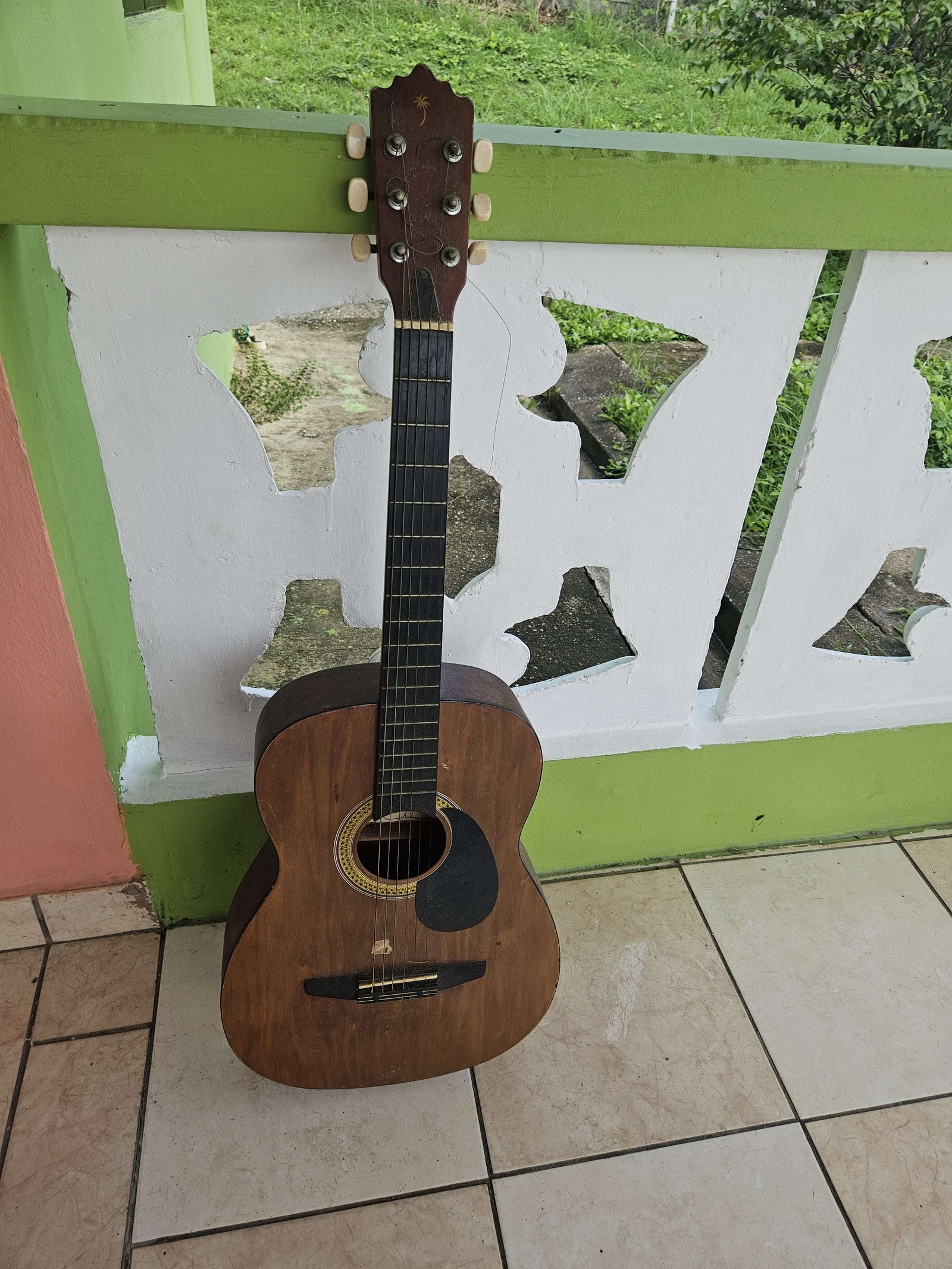 Brown acoustic guitar — budget practice instrument