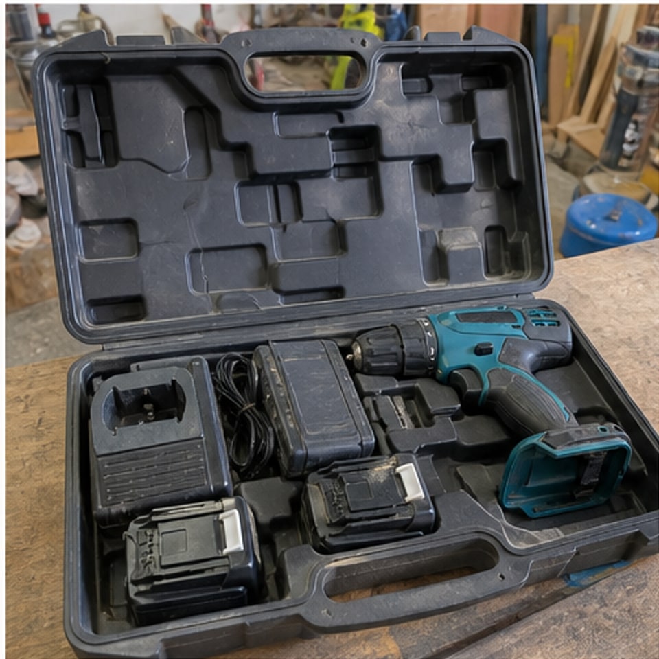 Cordless drill and driver kit with two batteries: open kit case