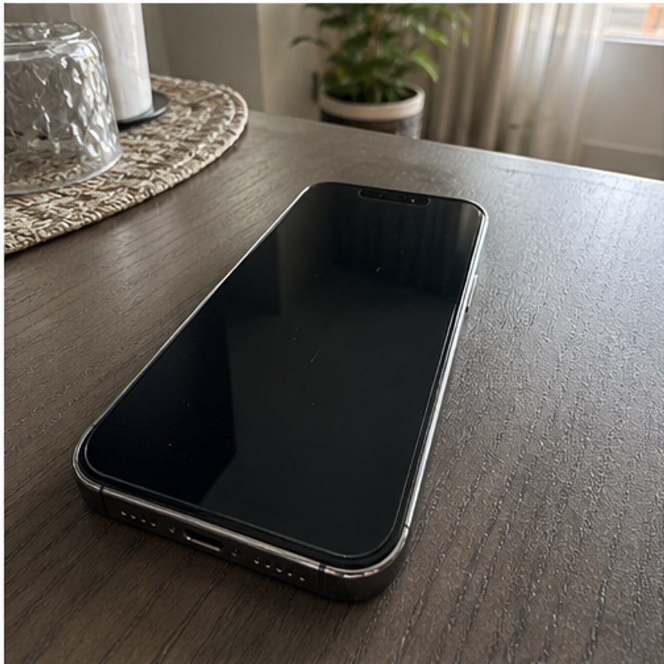 Unlocked 256GB smartphone with magnetic case: front screen on table