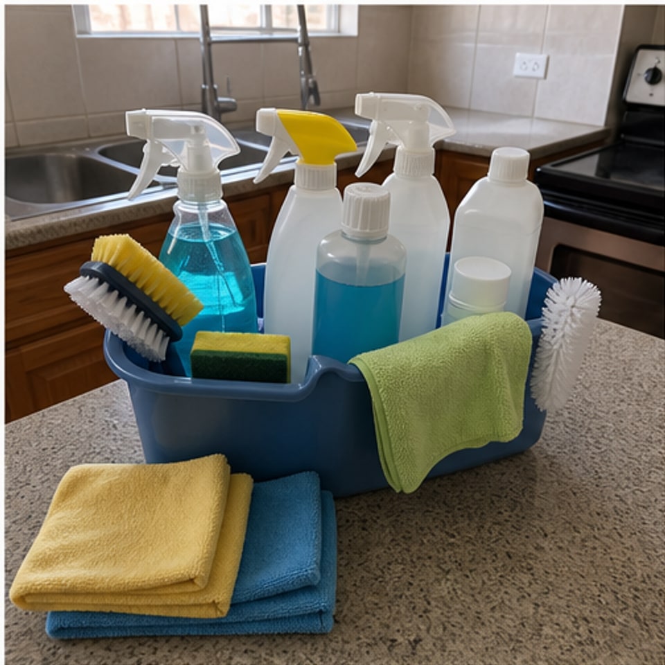 Move-in apartment deep cleaning: cleaning kit on kitchen counter