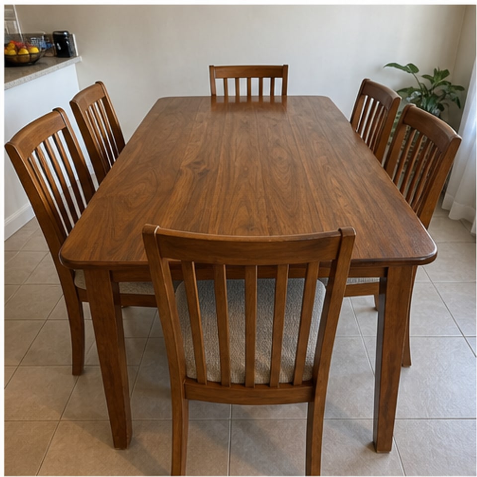 Solid teak-look dining set for six: full table with six chairs